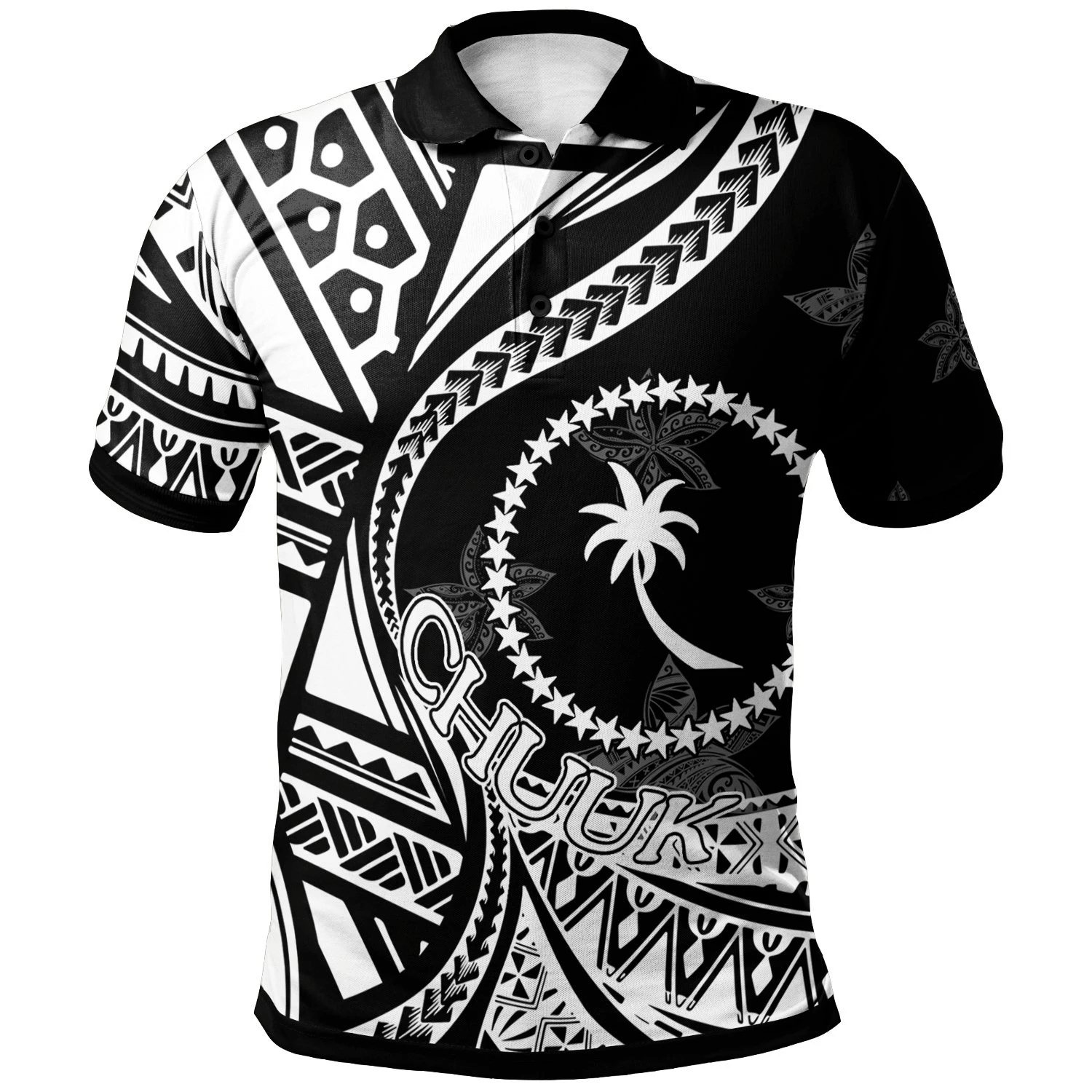 Polynesian Pride Apparel Chuuk Polo Shirt Plumeria Flowers White Version Unisex Black - Polynesian Pride