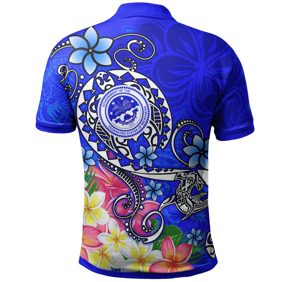 Polynesian Pride Apparel FSM Polo Shirt Turtle Plumeria (Blue) - Polynesian Pride