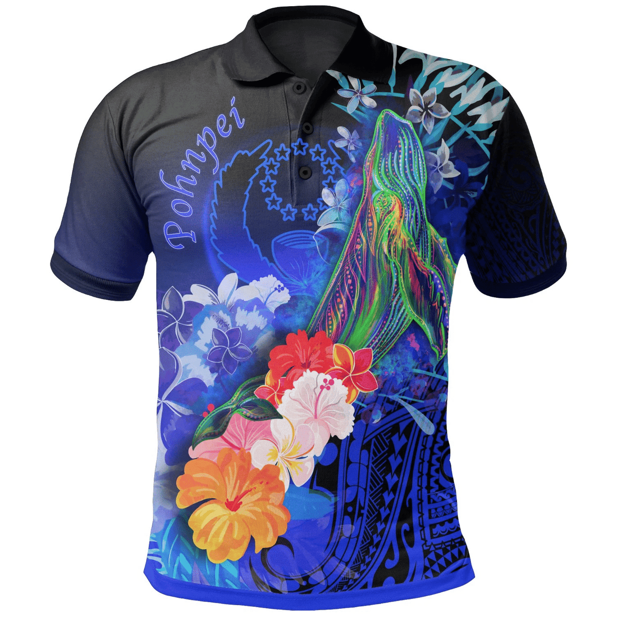 Polynesian Pride Apparel Pohnpei Polo Shirt Humpback Whale With Tropical Flowers (Blue) Unisex Blue - Polynesian Pride