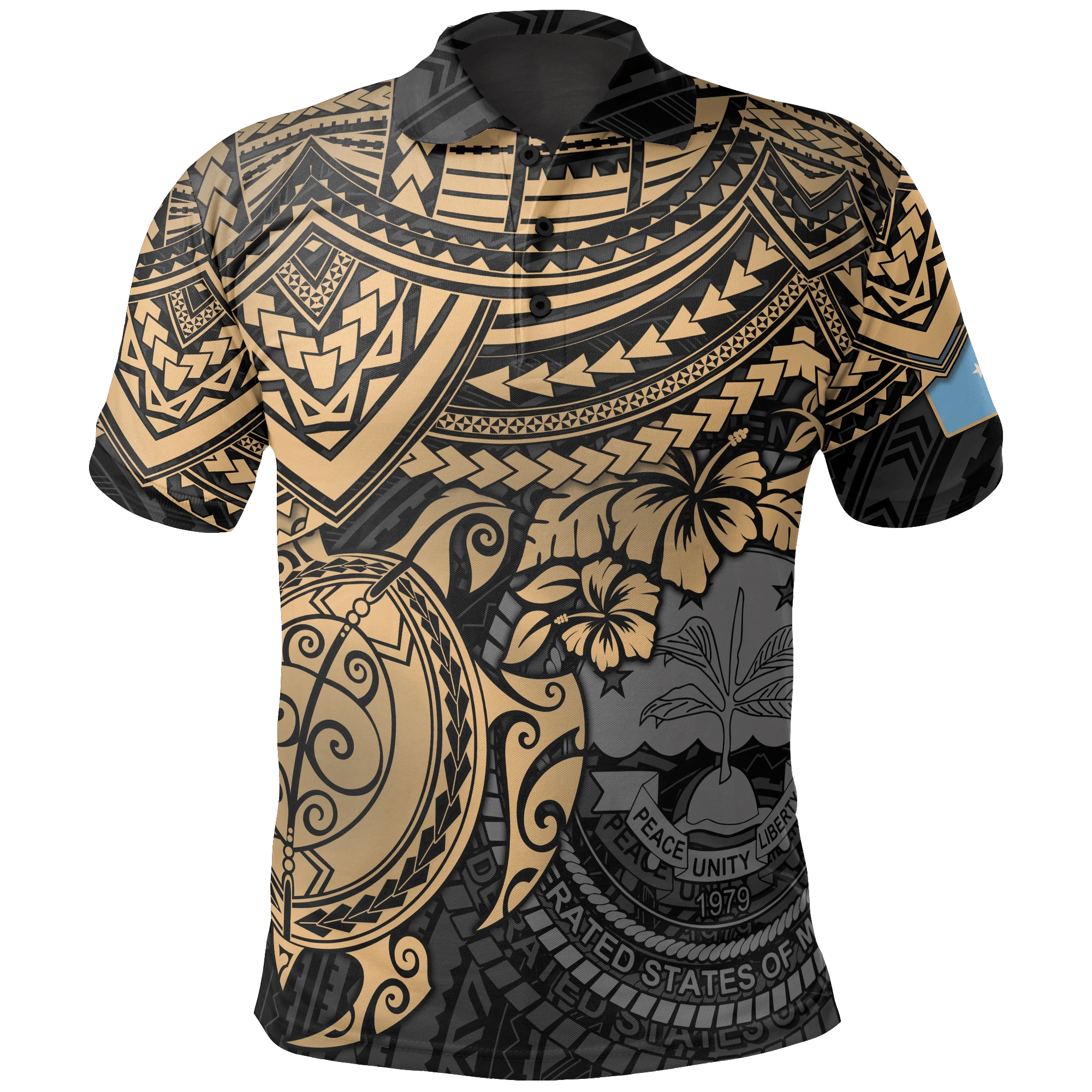 Polynesian Pride Apparel Federated States of Micronesia Polo Shirt Federated States of Micronesia Flag Seal Golden Turtle Hiciscus Unisex Black - Polynesian Pride