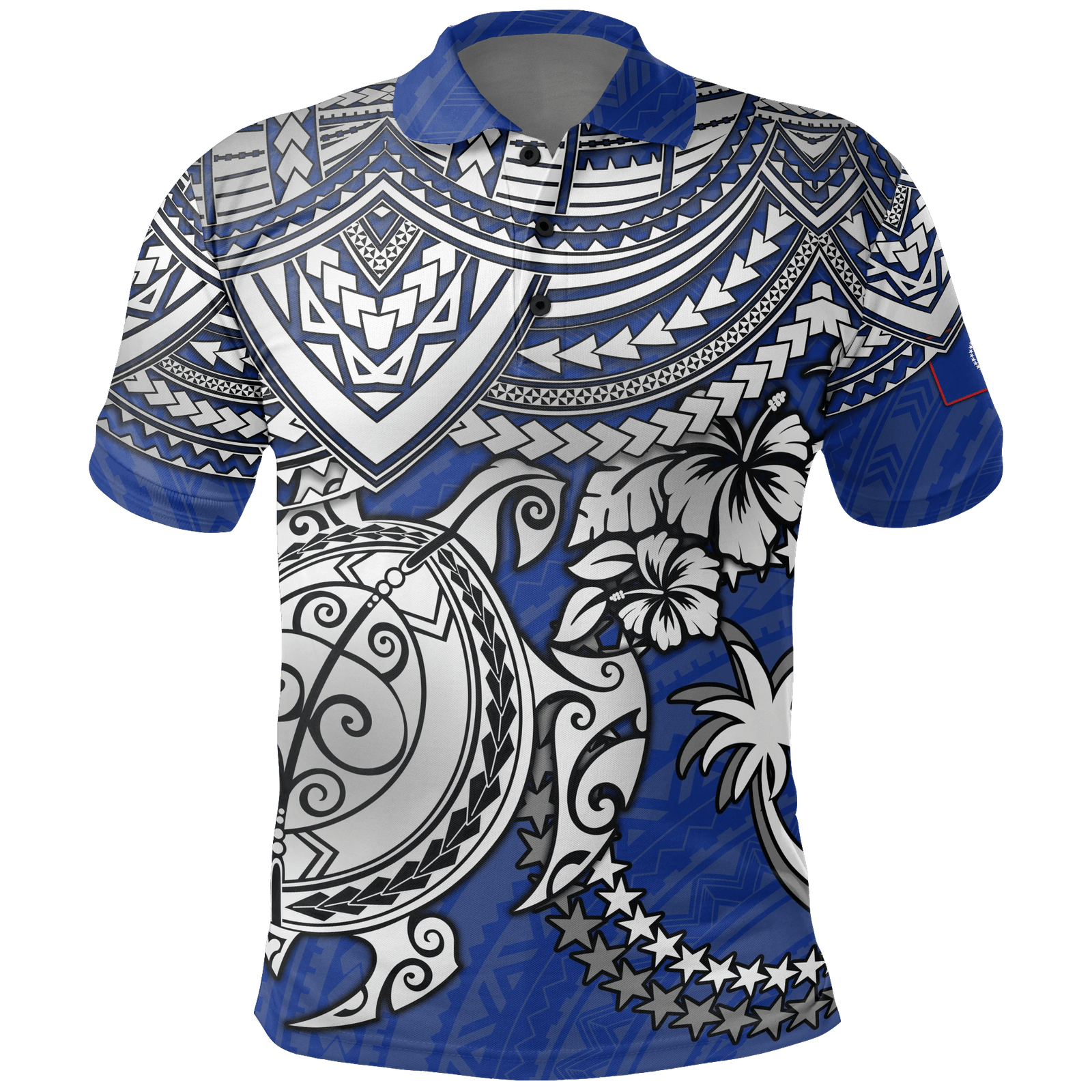 Polynesian Pride Apparel Chuuk Polo Shirt Chuuk FLag White Turtle Hibiscus (Blue) Unisex Blue - Polynesian Pride
