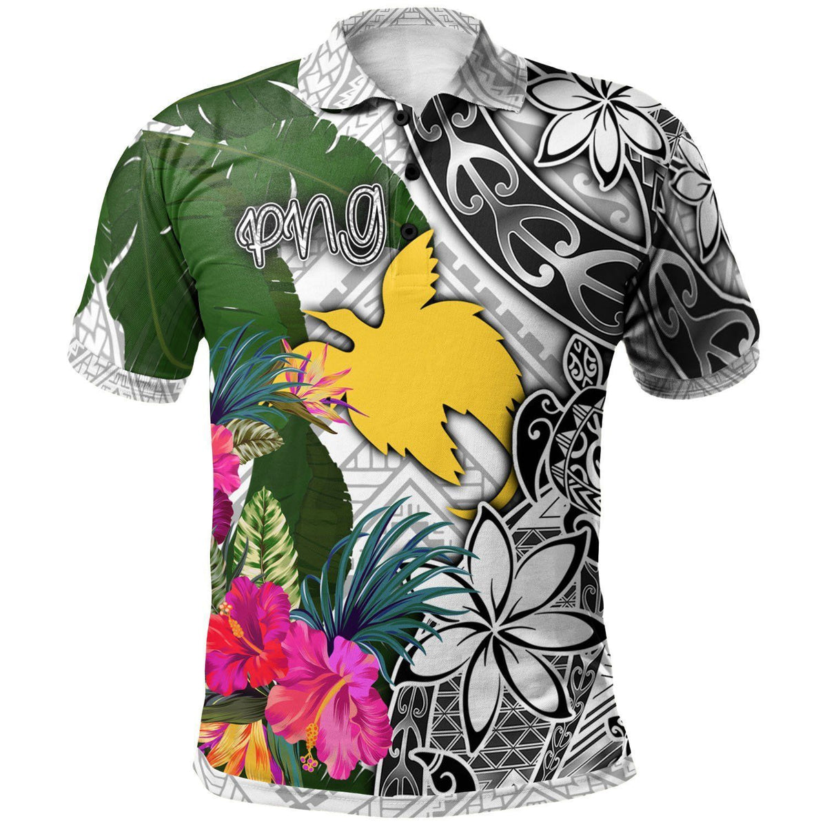 Polynesian Pride Apparel Papua New Guinea Polo Shirt White Turtle Plumeria Banana Leaf Unisex Black - Polynesian Pride