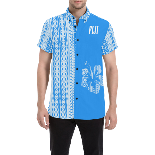 Fiji Tapa Short Sleeve Shirt Men Blue - Polynesian Pride