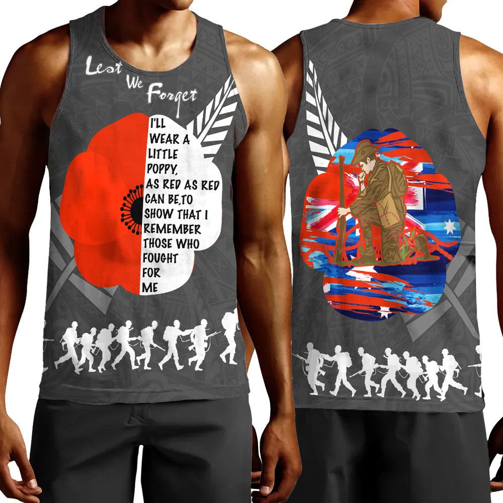 Polynesian Pride Clothing - New Zealand Anzac Red Poopy Men Tank Top Black - Polynesian Pride