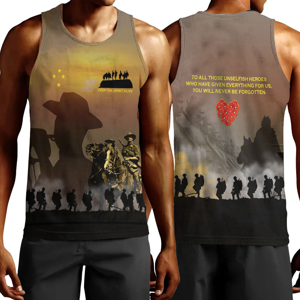 Polynesian Pride Clothing - Anzac Day Keep The Spirit Alive Men Tank Top Black - Polynesian Pride