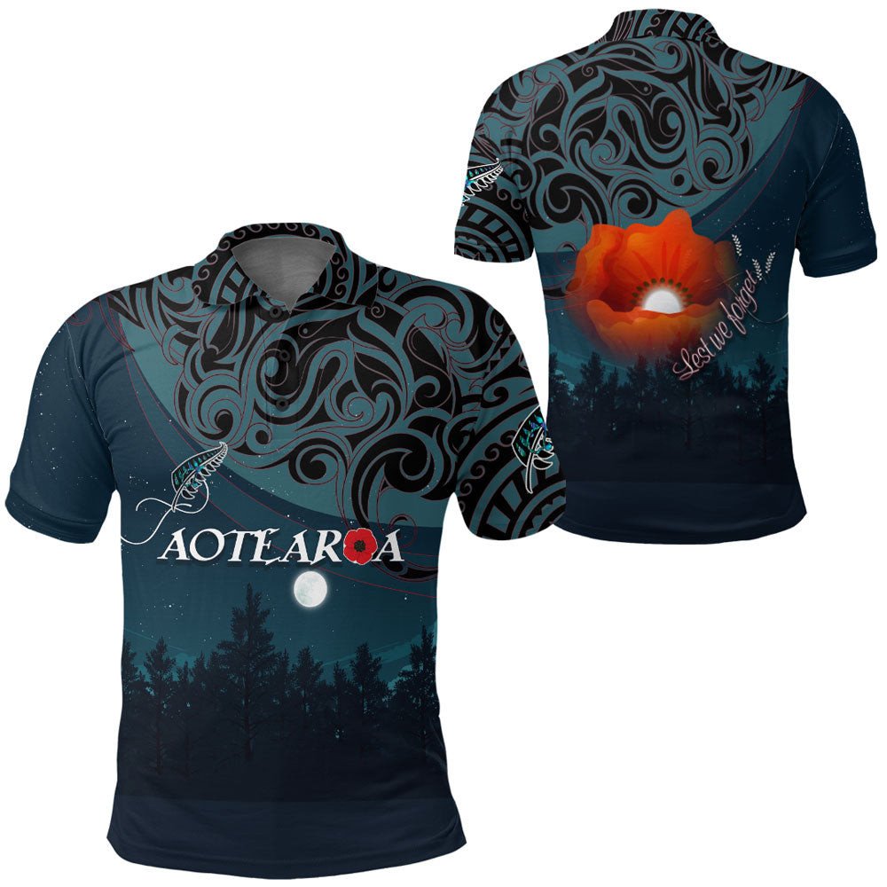 Polynesian Pride Clothing New Zealand Paua Silver Fern Poppy Polo Shirt Black - Polynesian Pride