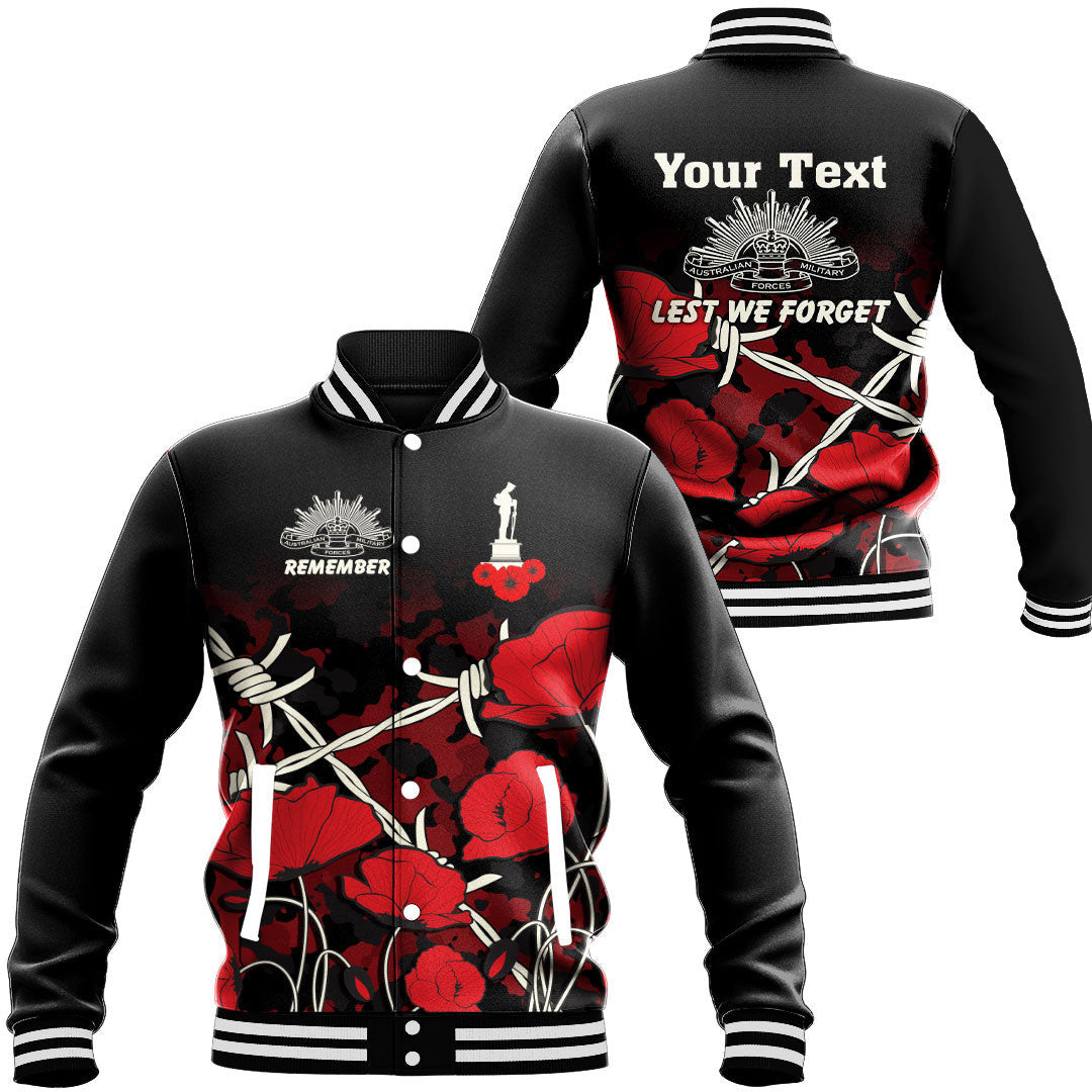 Polynesian Pride Clothing - (Custom) Anzac Day Camouflage Poppy & Barbed Wire Baseball Jacket Unisex Black - Polynesian Pride