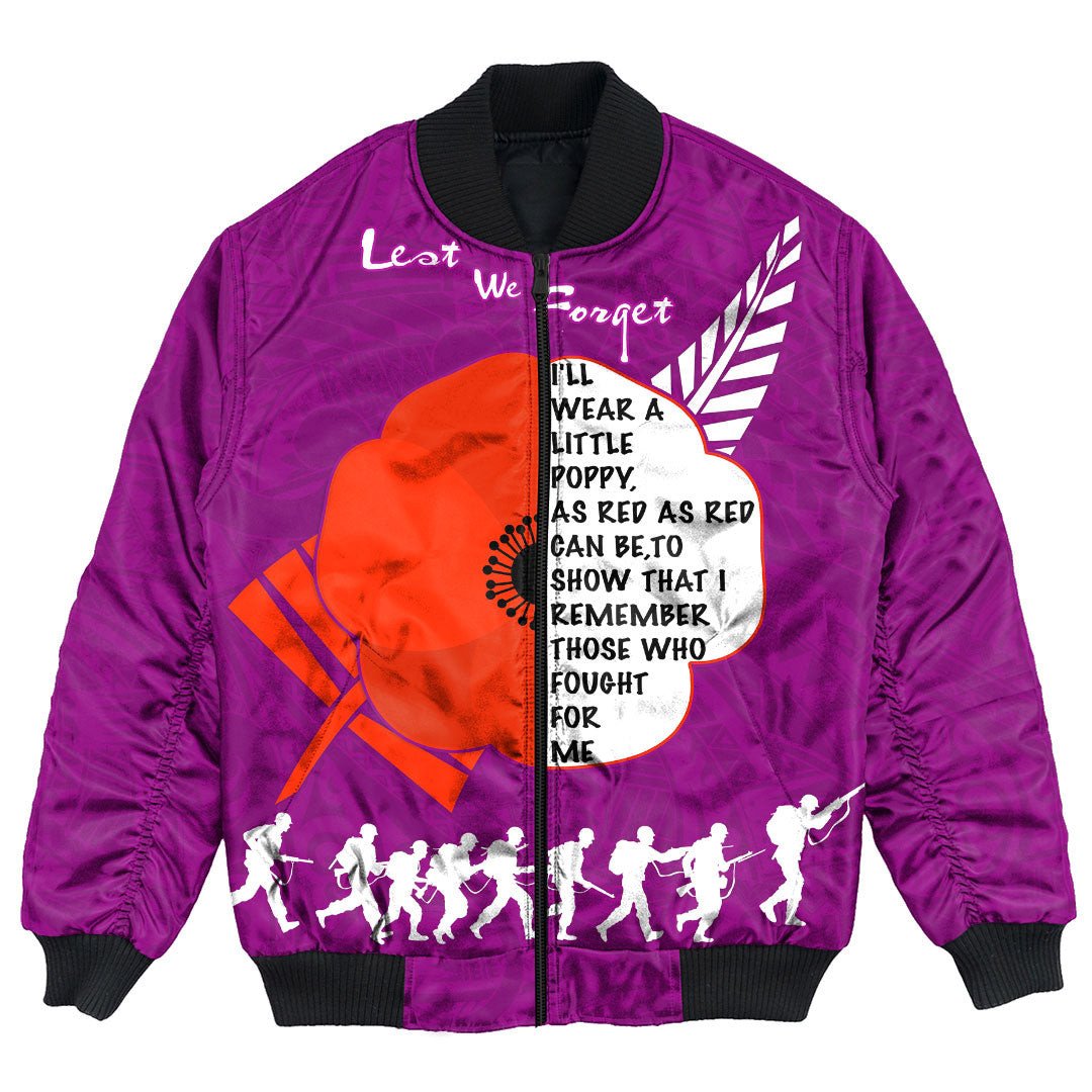 Polynesian Pride Clothing - New Zealand Anzac Red Poopy Purple Bomber Jacket Unisex Black - Polynesian Pride