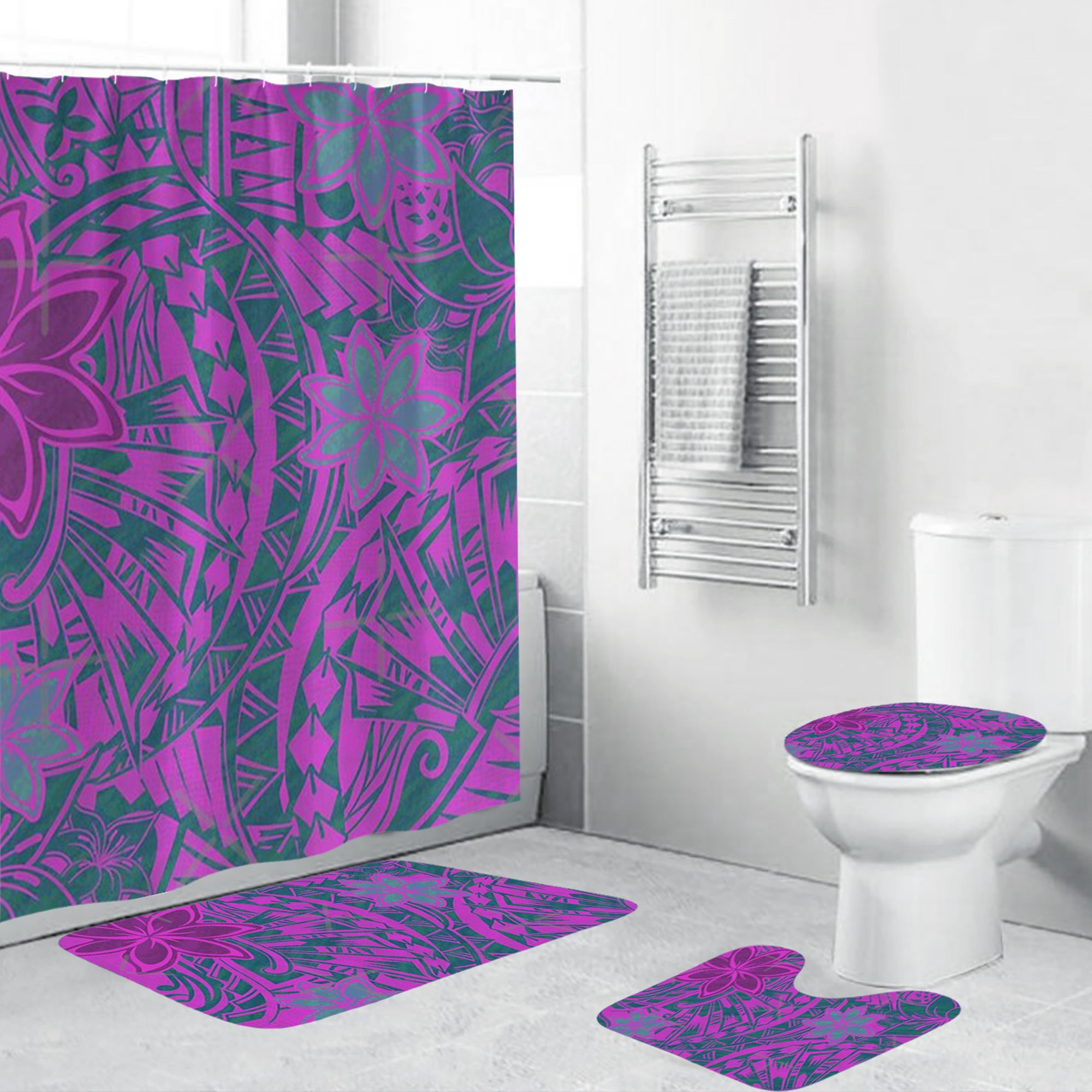 Polynesian Home Set - Polynesian Teal And Rose Tribal Floral Print Bathroom Set LT10 Teal - Polynesian Pride