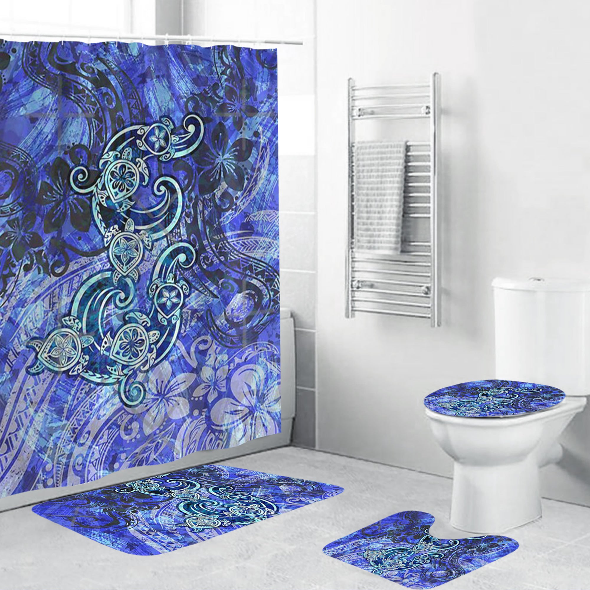 Polynesian Home Set - Polynesian Painted Grunge Blue Honu Bathroom Set LT10 Blue - Polynesian Pride