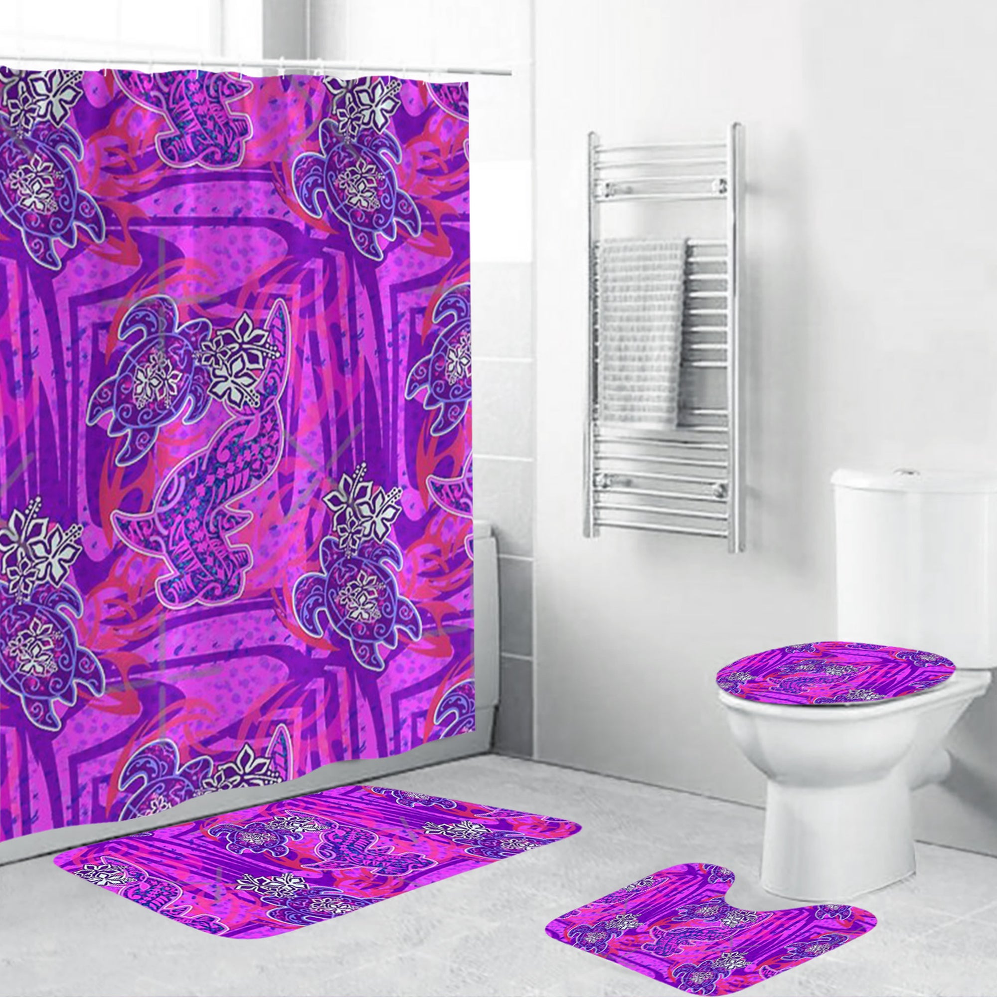 Polynesian Home Set - Retro Purple Polynesian Tribal Shark And Turtle Pattern Bathroom Set LT10 Purple - Polynesian Pride