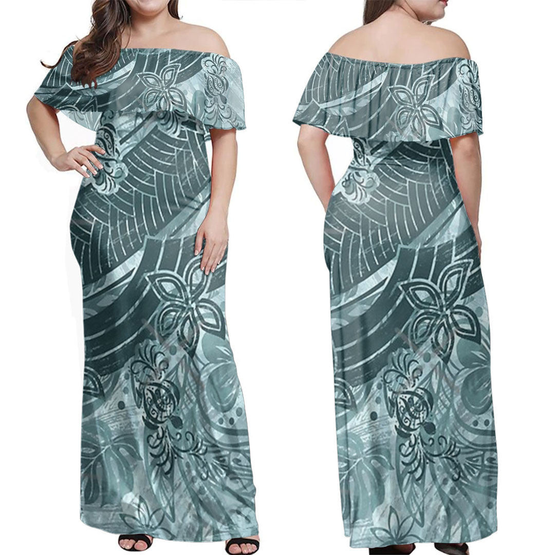 Polynesian Dress - Polynesian Painted Ocean Blue Off Shoulder Long Dress LT10 Women Blue - Polynesian Pride