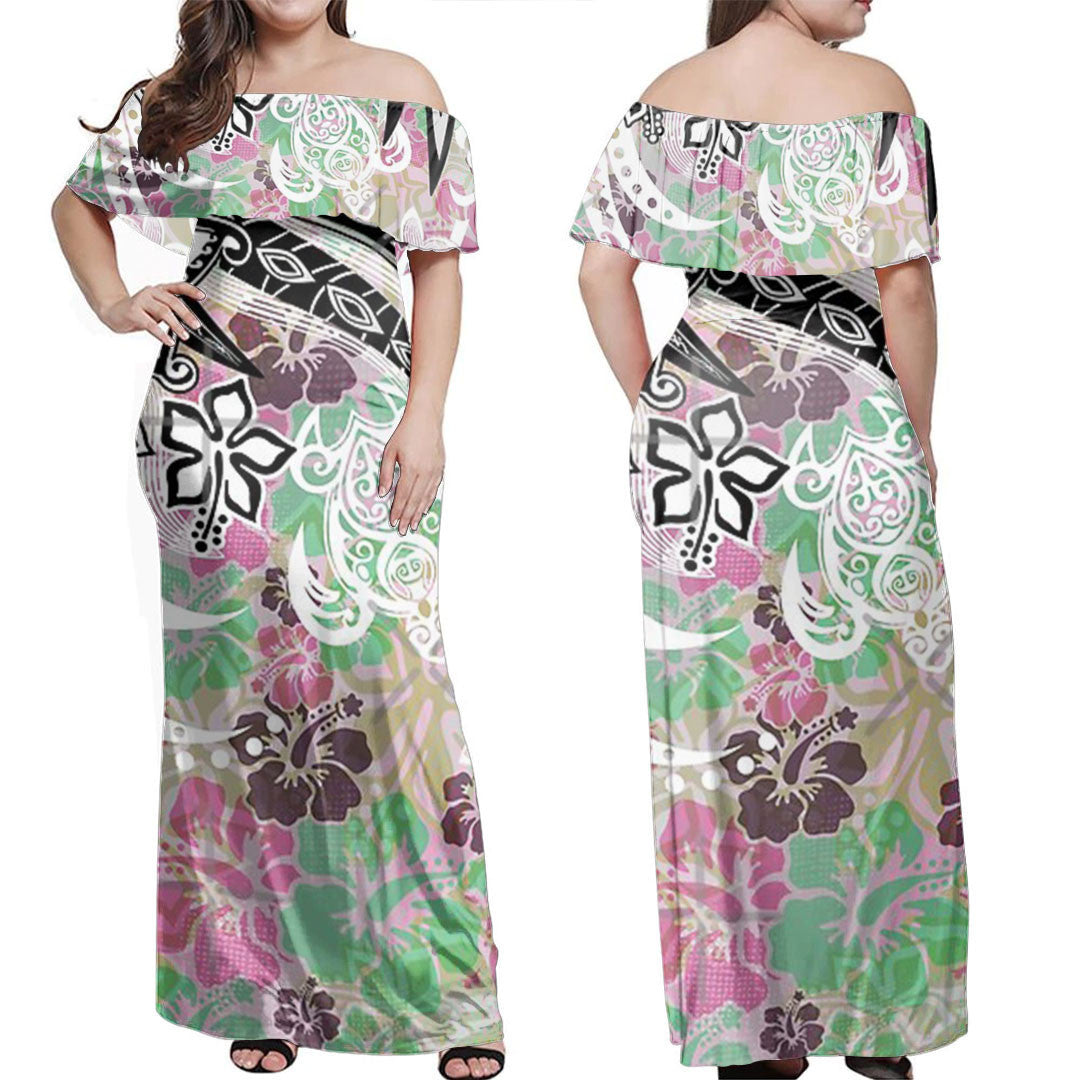 Polynesian Dress - Polynesian Hibiscus Tribal Threads Off Shoulder Long Dress LT10 Women Green - Polynesian Pride