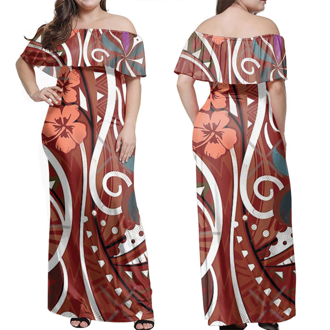 Polynesian Dress - Polynesian Florals Tribal Threads Off Shoulder Long Dress LT10 Women Red - Polynesian Pride