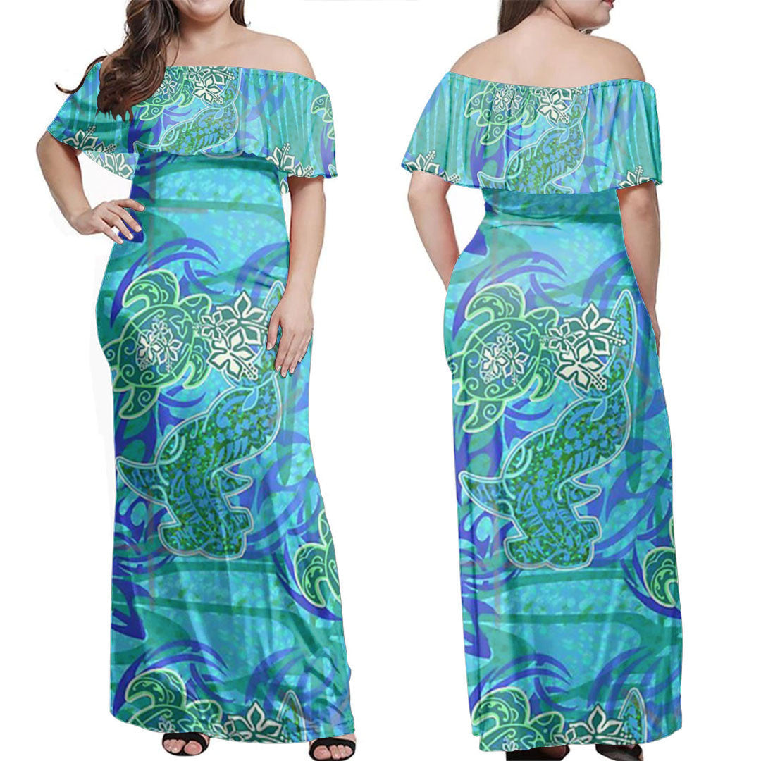 Polynesian Dress - Retro Blue Polynesian Tribal Turtle And Shark Pattern Off Shoulder Long Dress LT10 Women Blue - Polynesian Pride