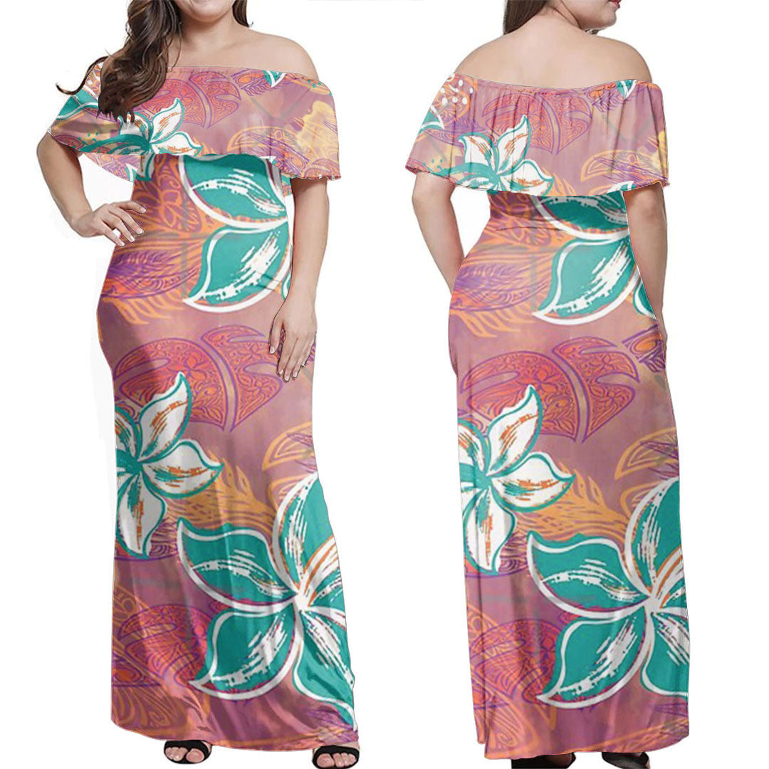 Polynesian Dress - Watercolor Hibiscus Jungle Print Off Shoulder Long Dress LT10 Women Orange - Polynesian Pride