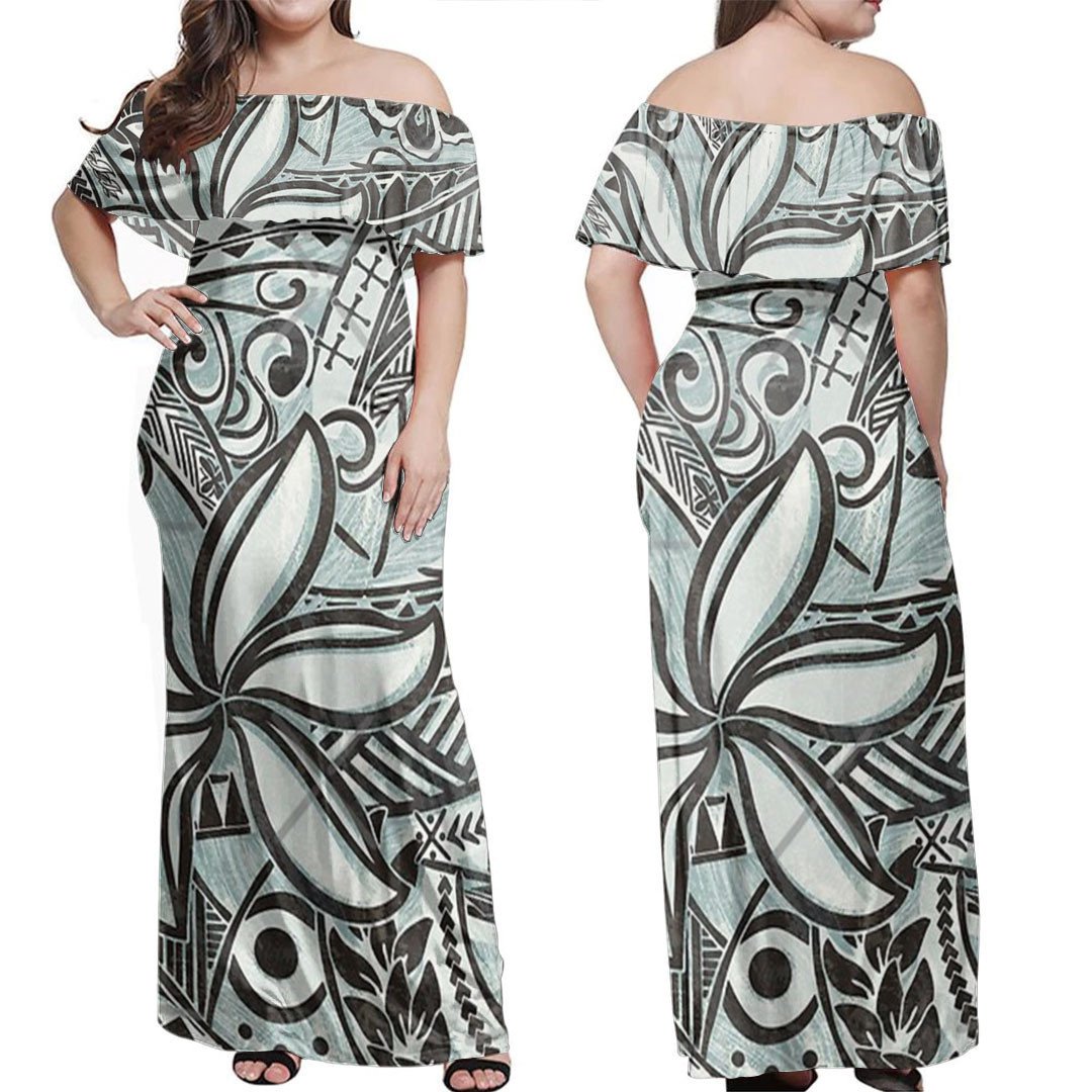 Polynesian Dress - Ocean Spray Print Off Shoulder Long Dress LT10 Women Black - Polynesian Pride