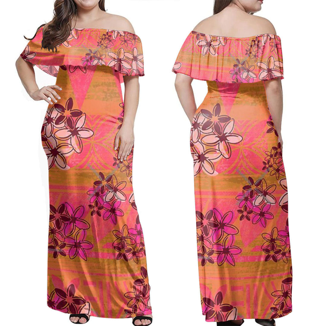 Polynesian Dress - Vintage Polynesian Tiare Pattern Off Shoulder Long Dress LT10 Women Orange - Polynesian Pride