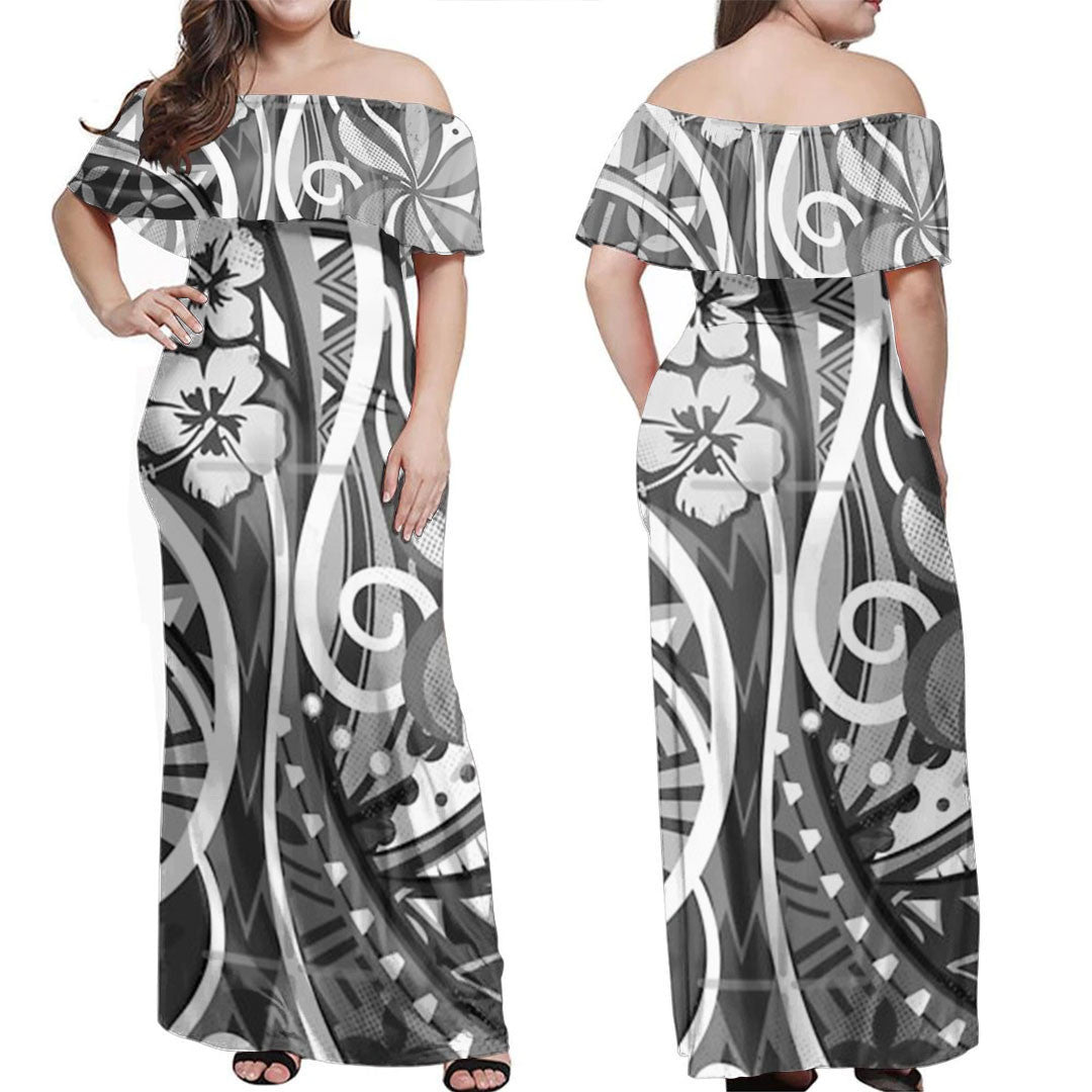 Polynesian Dress - Polynesian Tribal Village Threads Off Shoulder Long Dress LT10 Women Black - Polynesian Pride