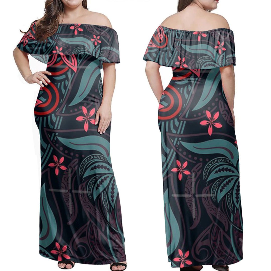 Polynesian Dress - Polynesian Midnight Tribal Floral Off Shoulder Long Dress LT10 Women Black - Polynesian Pride