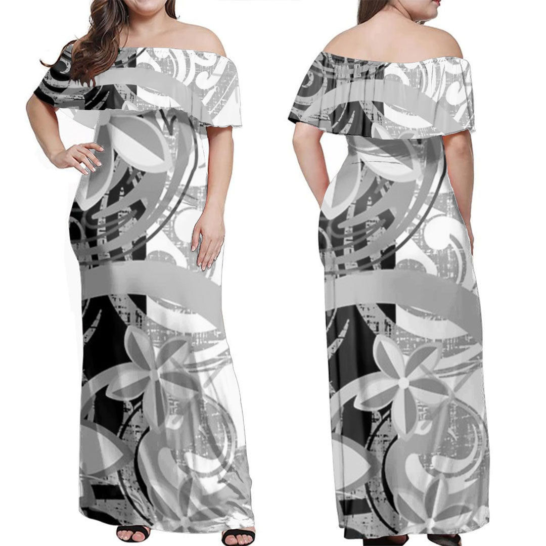 Polynesian Dress - Polynesian Floral Abstract Off Shoulder Long Dress LT10 Women White - Polynesian Pride