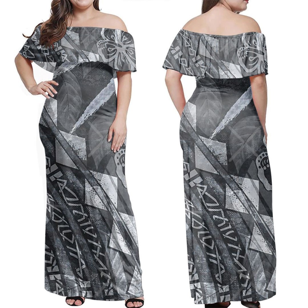 Polynesian Dress - Polynesian Tribal Tattoo Patterns Off Shoulder Long Dress LT10 Women Gray - Polynesian Pride