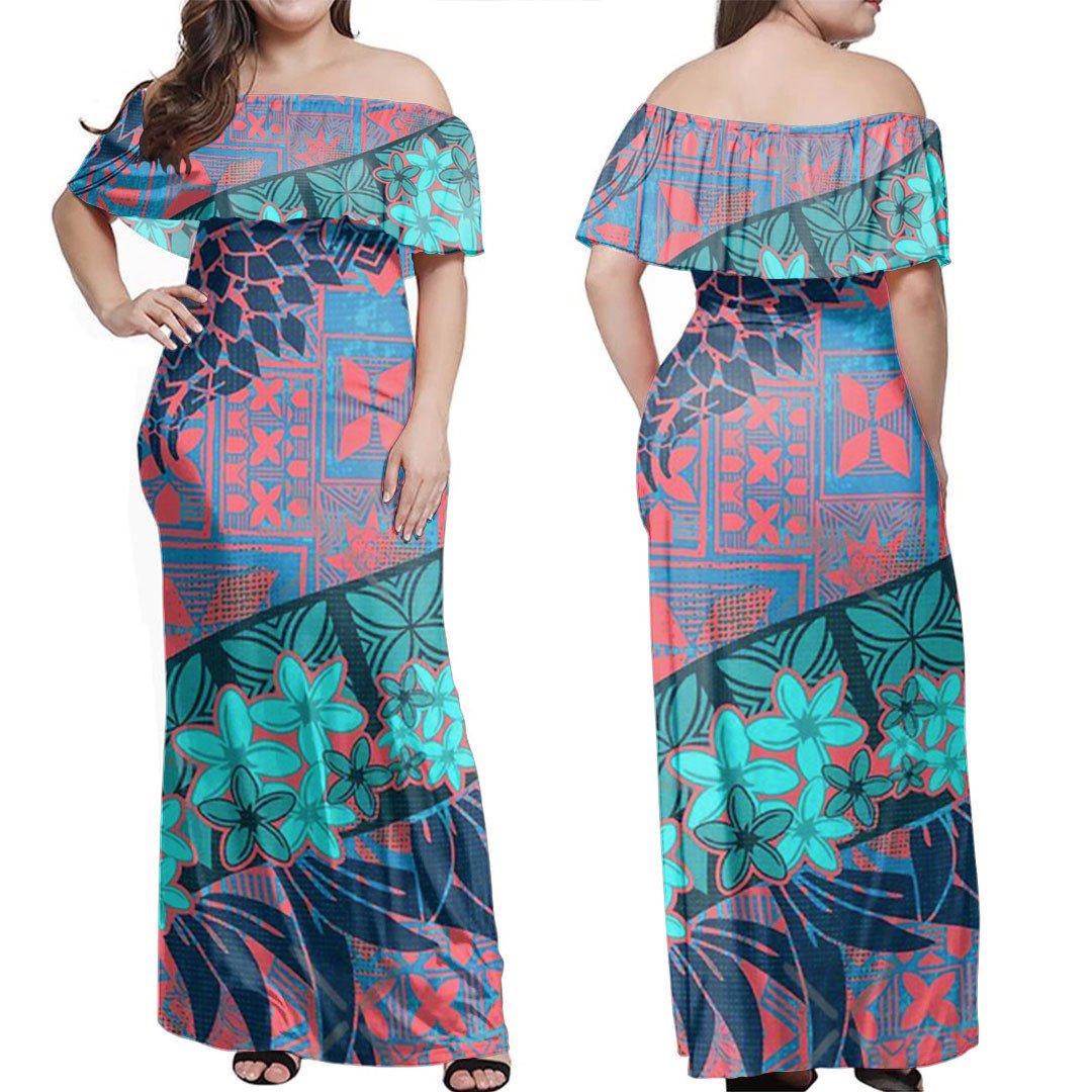 Polynesian Dress - Vintage Tribal Tapa Off Shoulder Long Dress LT10 Women Blue - Polynesian Pride