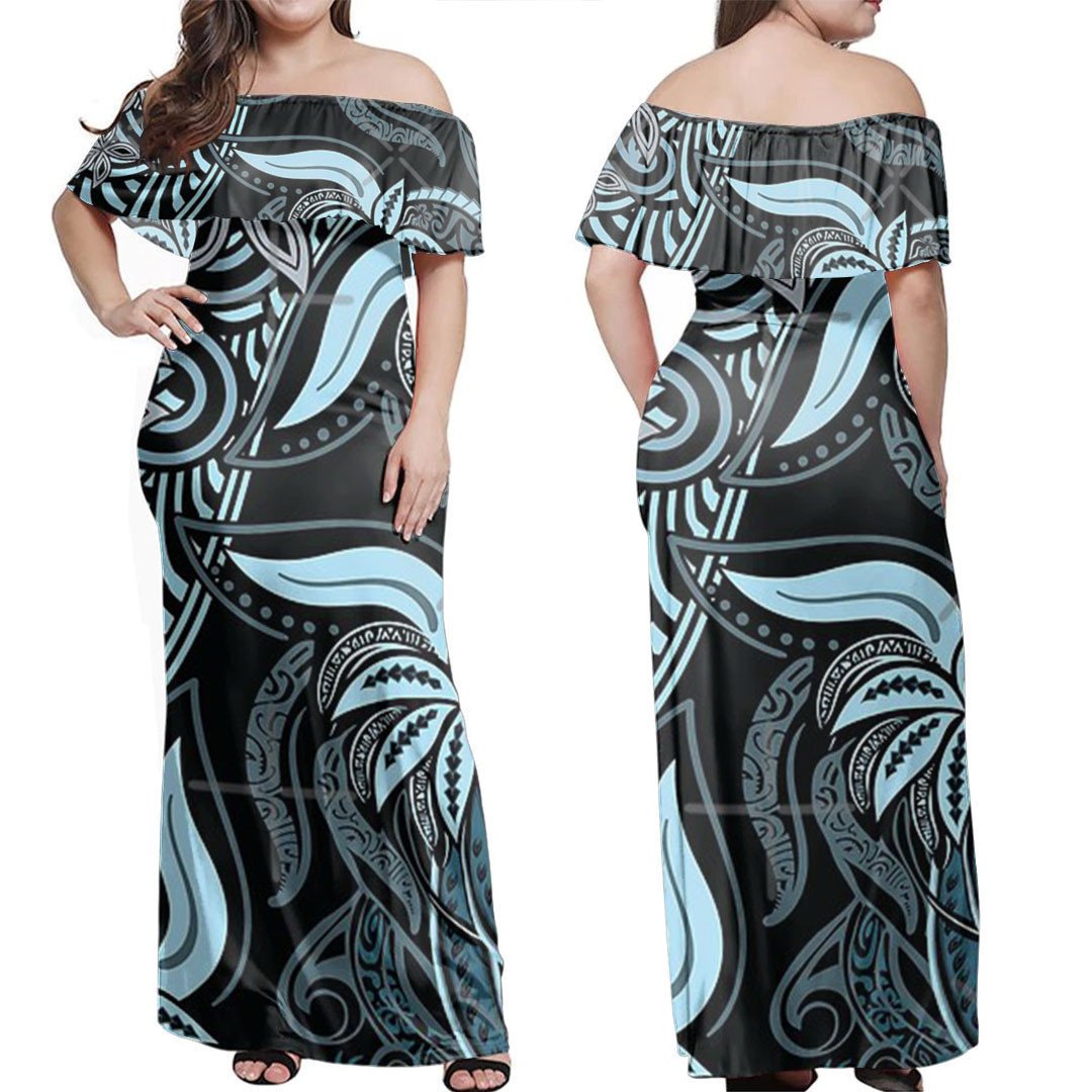 Polynesian Dress - Polynesian Blue Tribal Floral Off Shoulder Long Dress LT10 Women Blue - Polynesian Pride