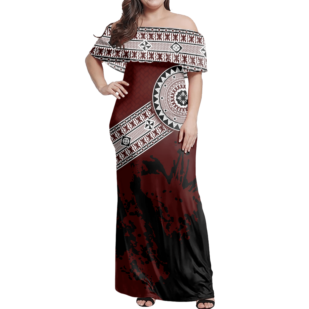 Polynesian Pride Dress - Fiji Masa Paint Style Off Shoulder Long Dress LT10 Women Blue - Polynesian Pride