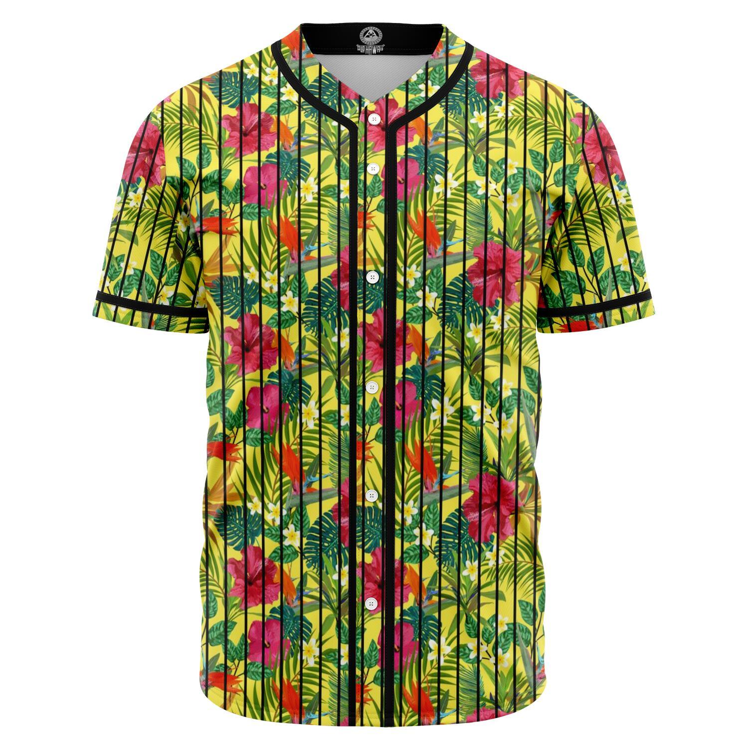 Hawaii Tropical Leaves And Flowers Baseball Jersey Black - Polynesian Pride