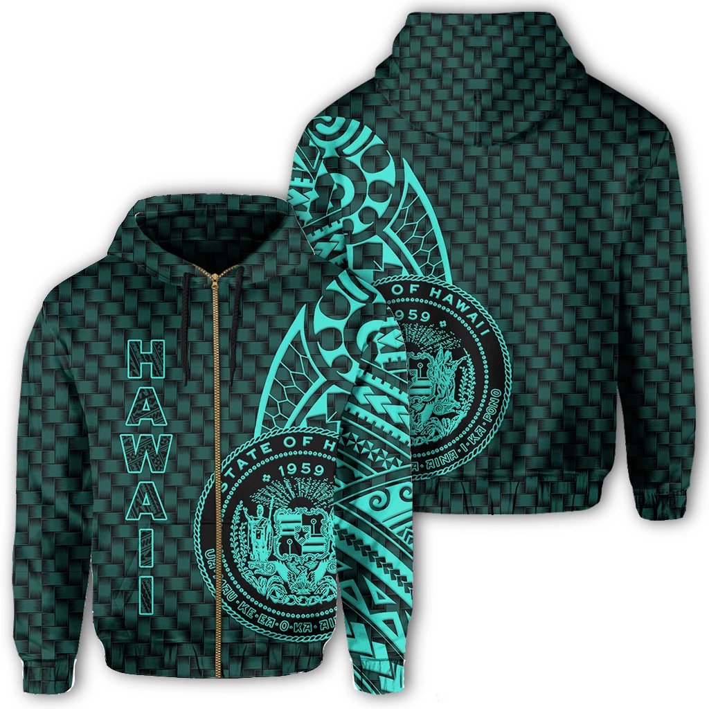 Hawaii Polynesian Zipper Hoodie Turquoise Emboss Style Unisex Turquoise - Polynesian Pride