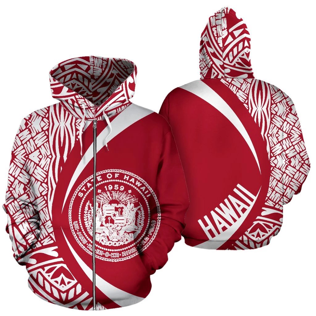 Hawaii Polynesian Zip up Hoodie Tribal White and Red Circle Style Unisex Red - Polynesian Pride