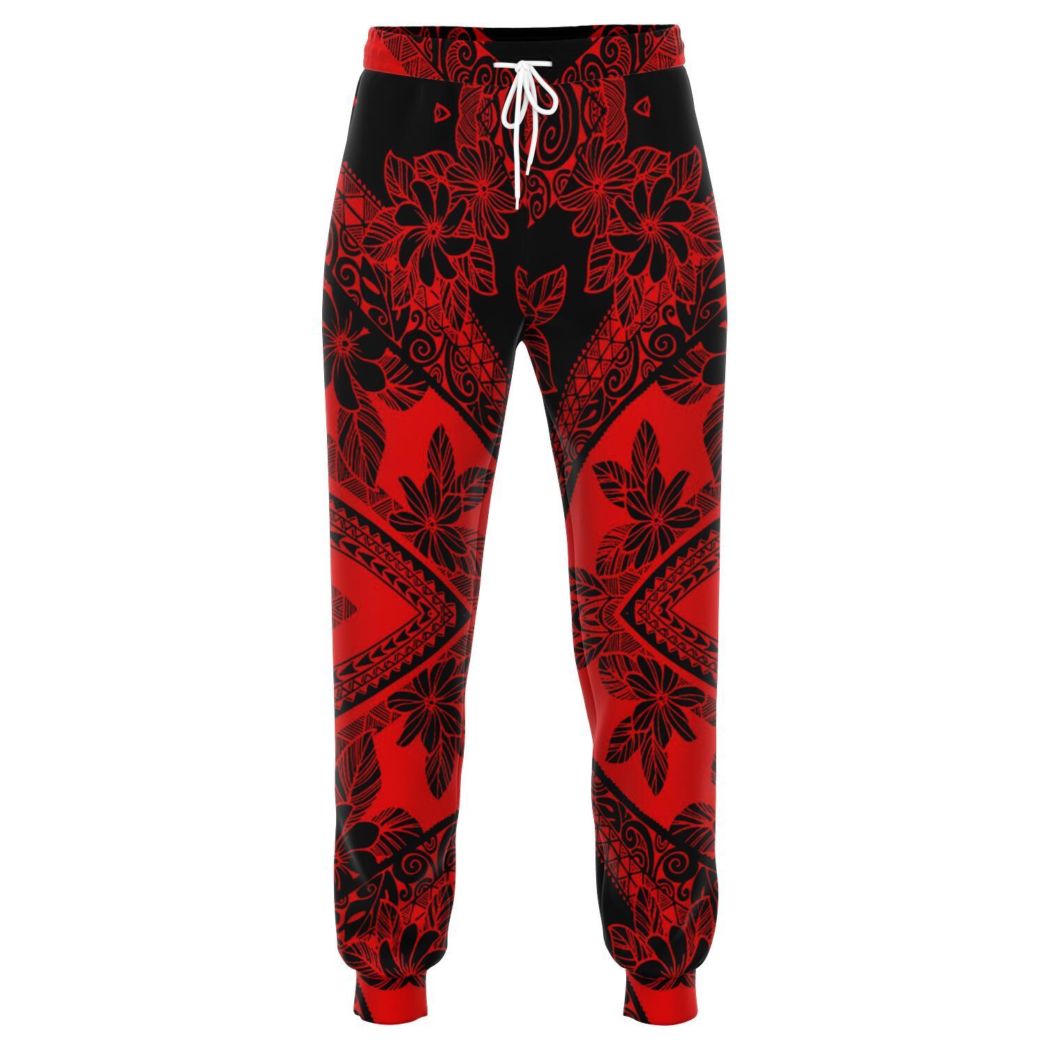 Polynesian Plumeria Mix Red Black Joggers Unisex Red - Polynesian Pride