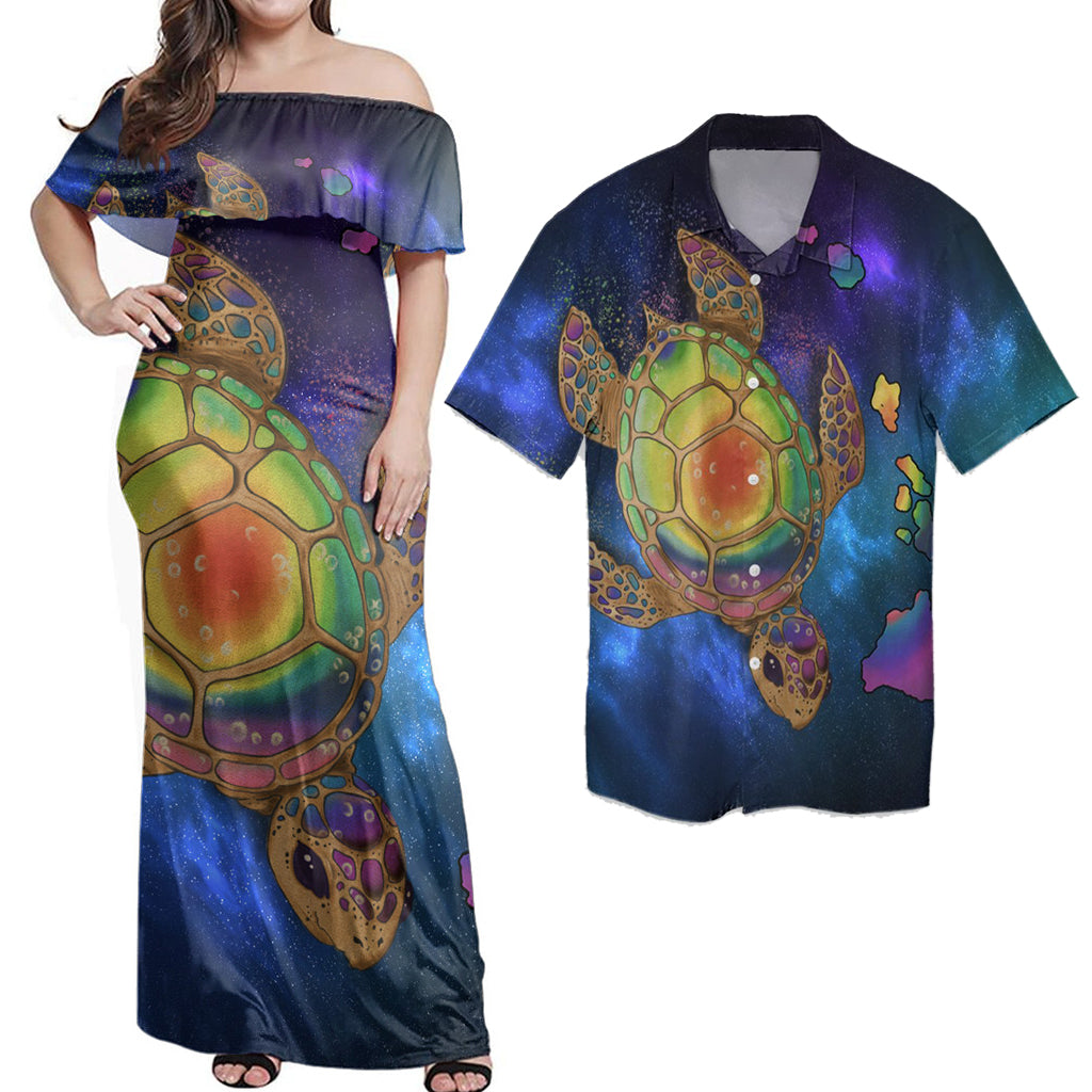 Matching Couple Hawaiian Outfits Dress and Hawaiian Shirt Hawaii Map Turtle Galaxy Blue RLT14 - Polynesian Pride