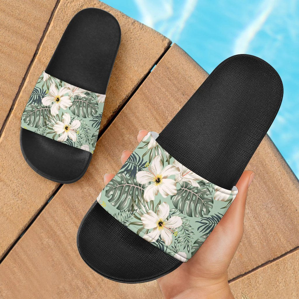 Hawaii Palm Hibiscus Pattern Green Slide Sandals Black - Polynesian Pride