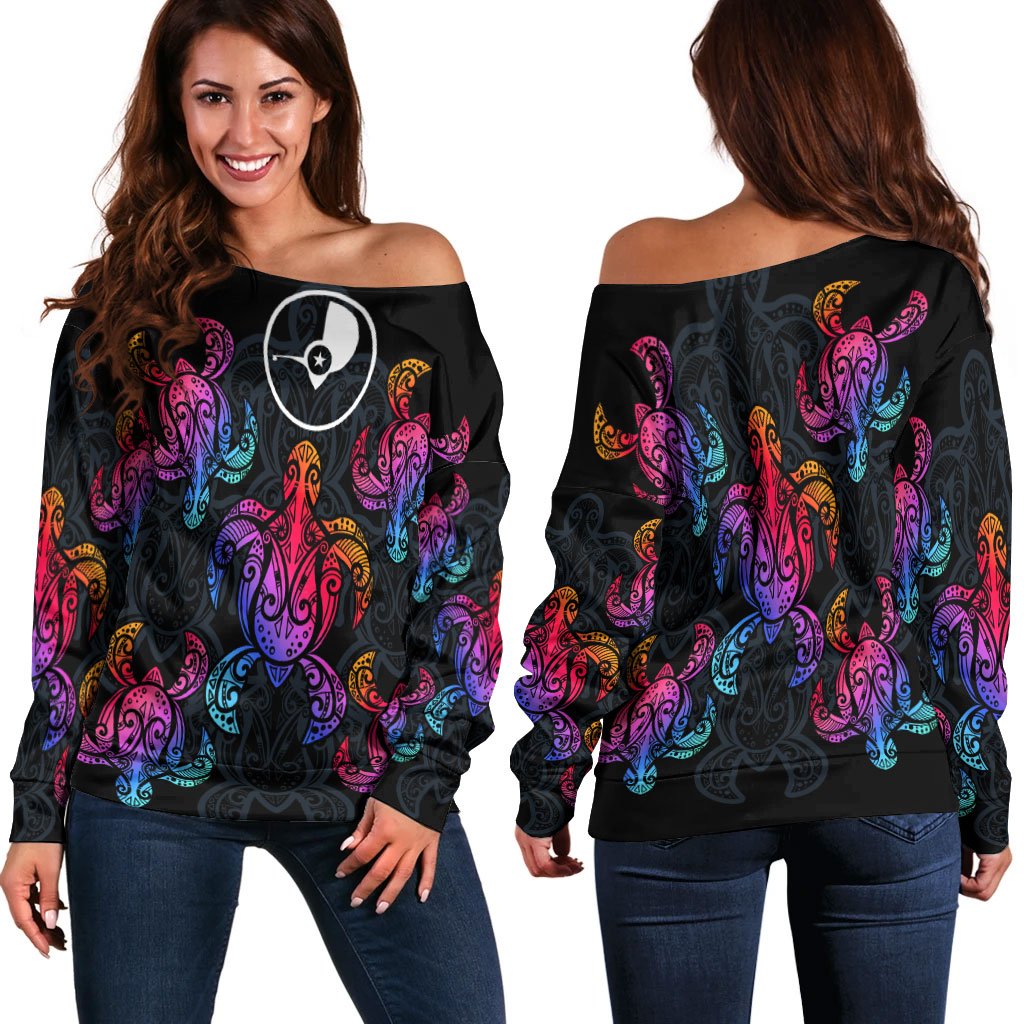 Yap Women's Off Shoulder Sweaters - Sea Turtle In Tribal Polynesian Style Black - Polynesian Pride