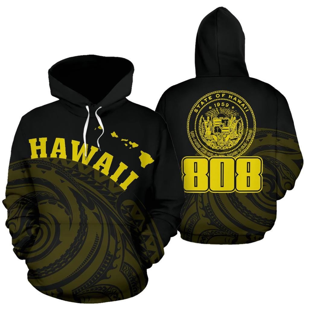 Hawaii Polynesia Hoodie Yellow Tatau Style Unisex Black - Polynesian Pride
