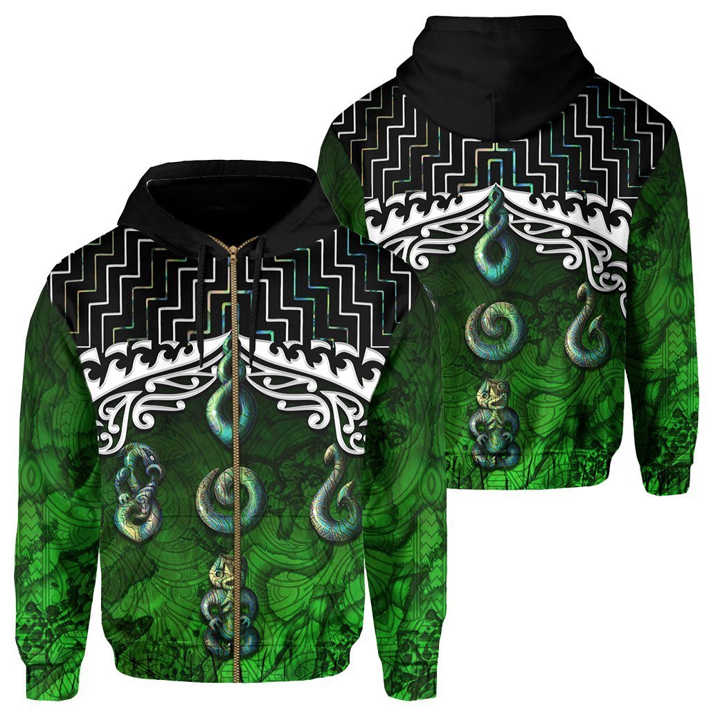 New Zealand Maori Zip up Hoodie, Poutama Maori Symbols Zipper Hoodie Unisex Black - Polynesian Pride