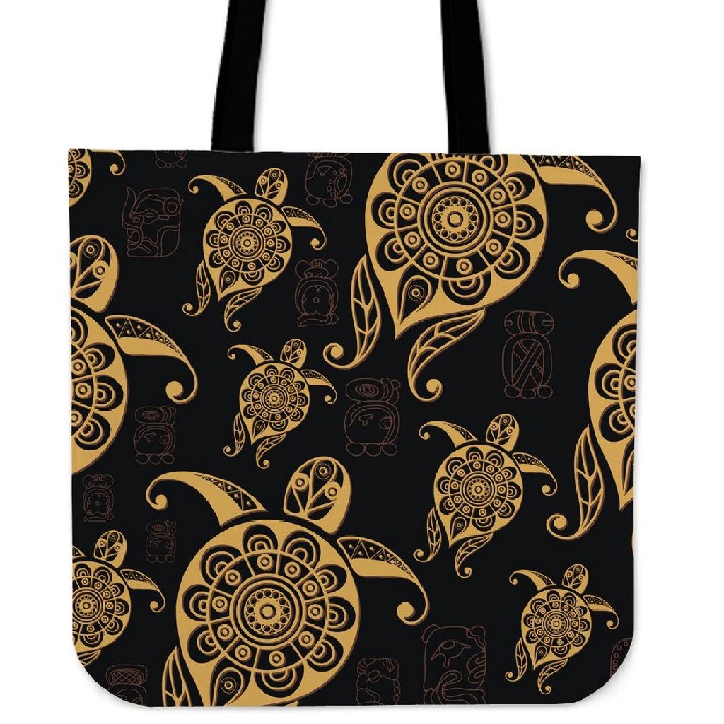 Turtle Pattern Golden Tote Bag Tote Bag One Size Black - Polynesian Pride