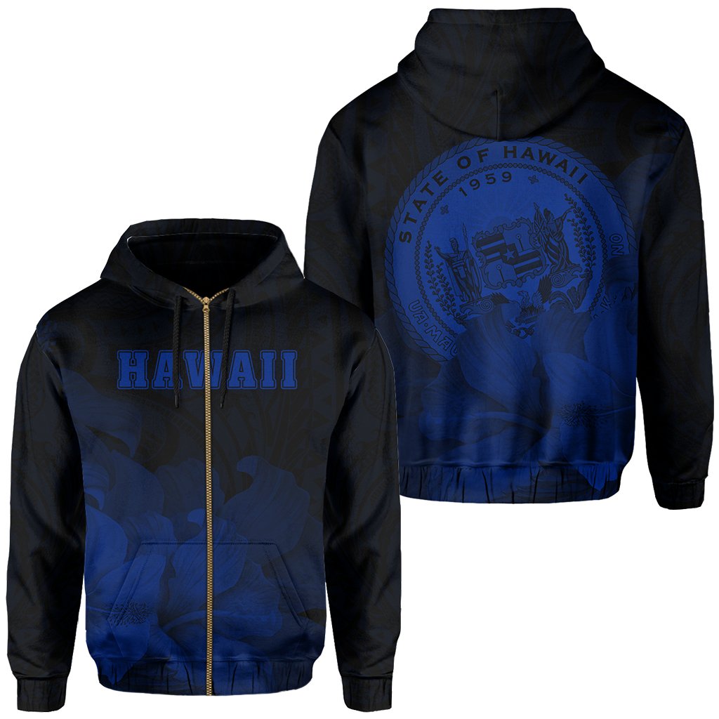 Tropic Hibiscus Seal of Hawaii Zip Hoodie Blue Unisex Blue - Polynesian Pride