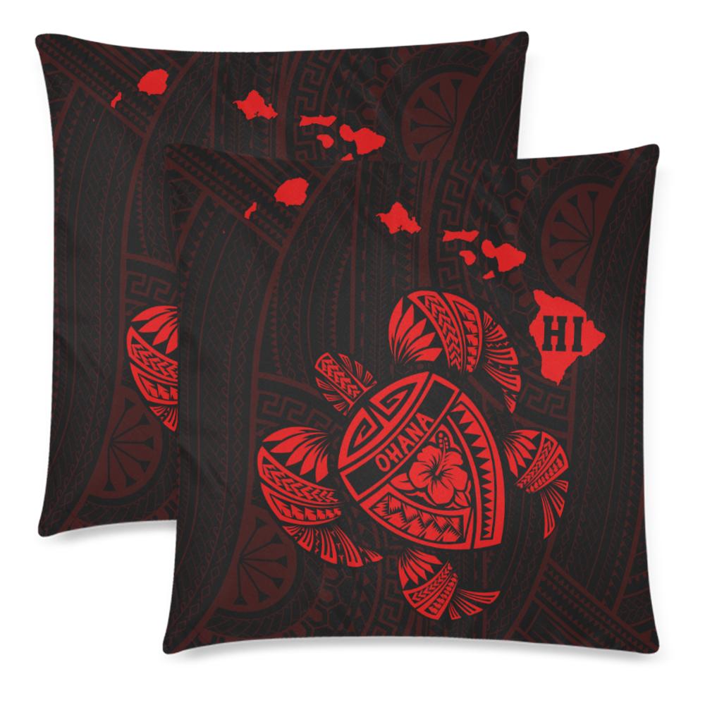 Hawaiian Map Turtle Ohana Hibiscus Kakau Polynesian Pillow Cover - Red One Size Zippered Pillow Cases 18"x 18" (Twin Sides) (Set of 2) Red - Polynesian Pride