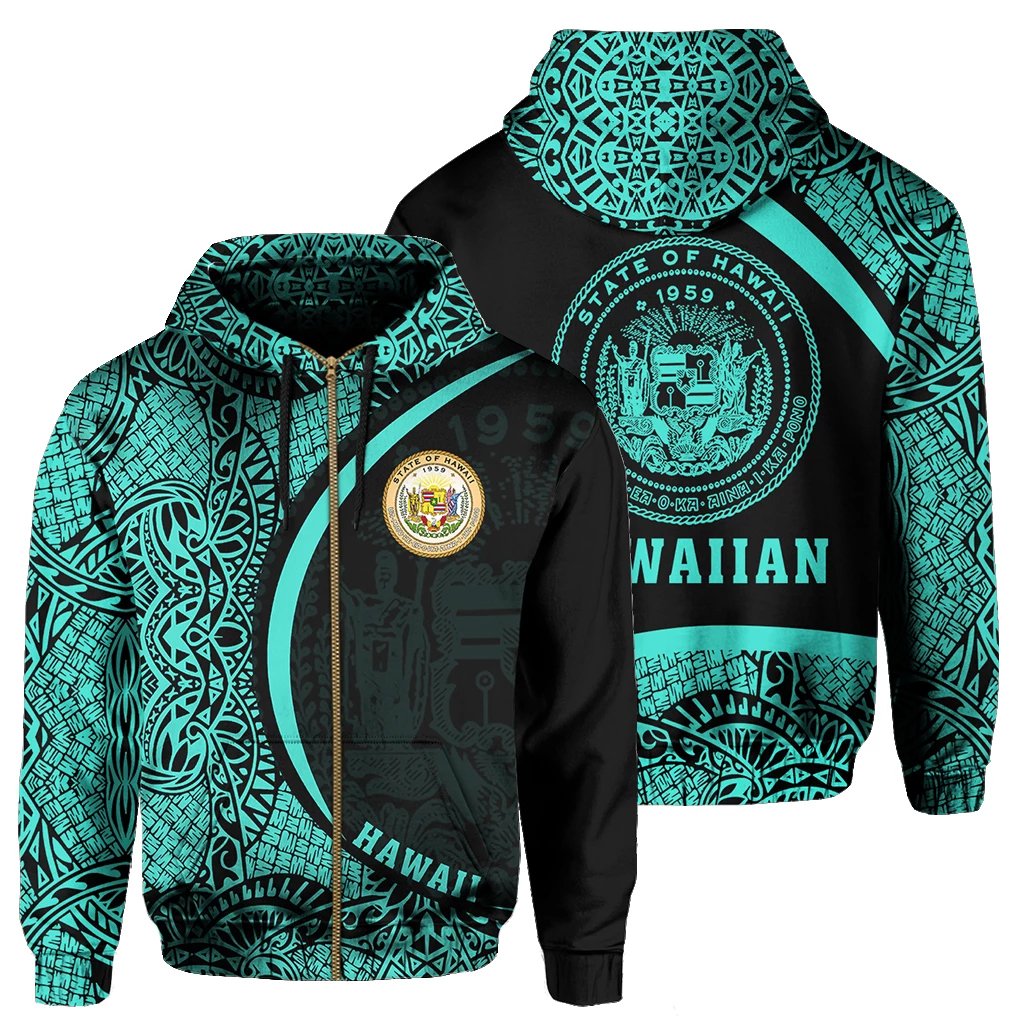 Hawaii Polynesian Zipper Hoodie Turquoise Round Style Unisex Turquoise - Polynesian Pride