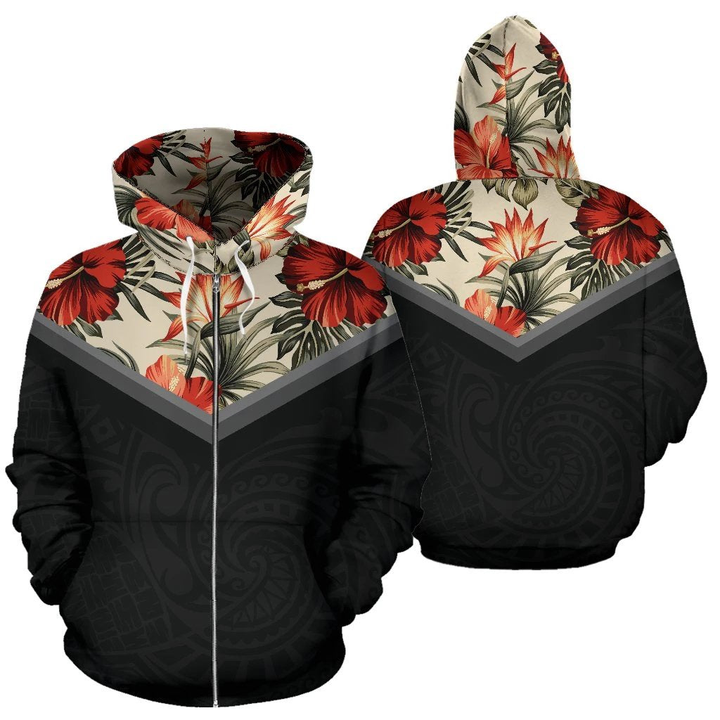 Hawaii Vintage Pattern Zip up Hoodie Red Hibiscus Unisex Black - Polynesian Pride