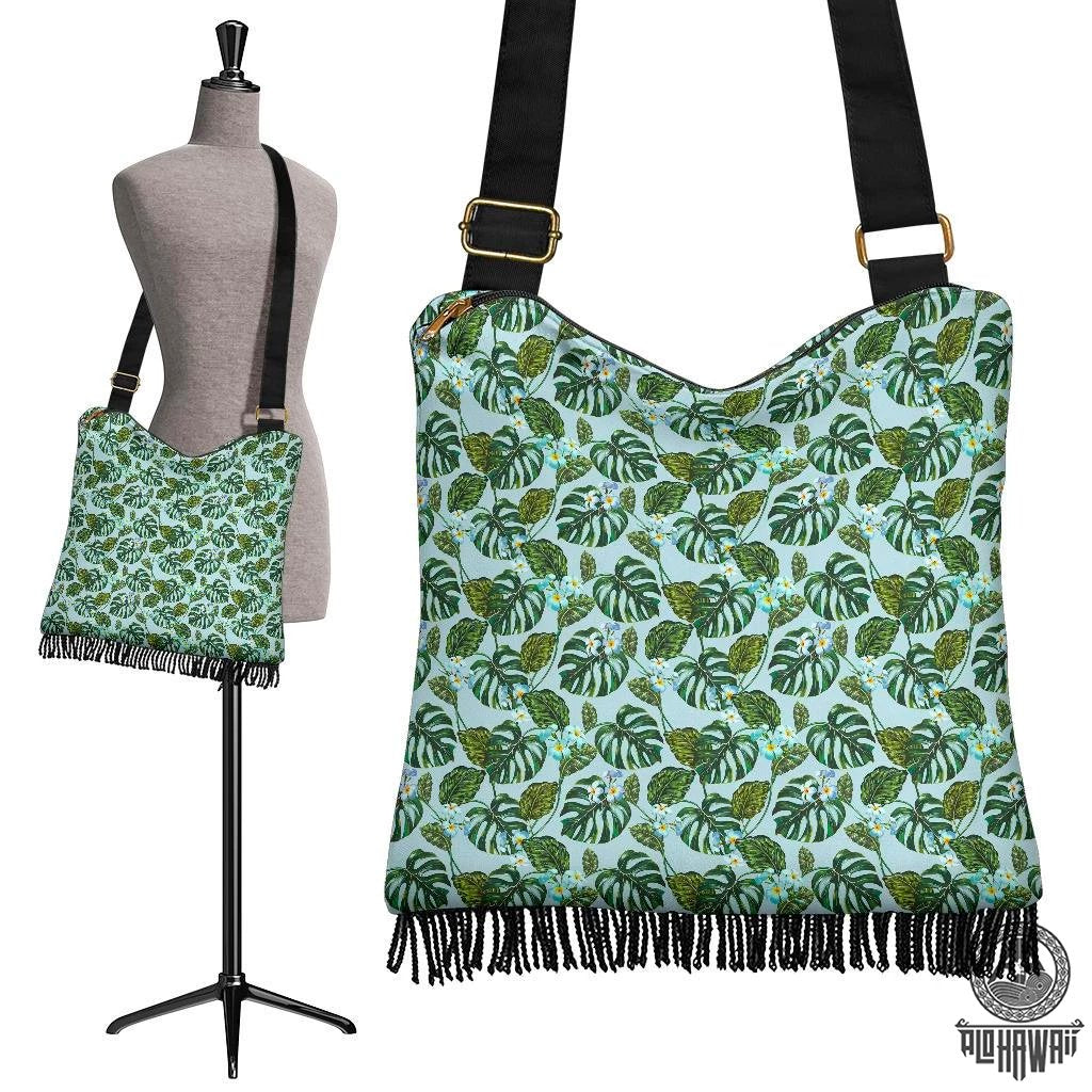 Hawaii Tropical Flowers Monstera Leaf Crossbody Boho Handbag Crossbody Boho Handbag One Size Blue - Polynesian Pride