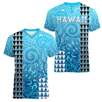 Hawaii Tribal Kakau Women V Neck T Shirt LT9 Female Blue - Polynesian Pride