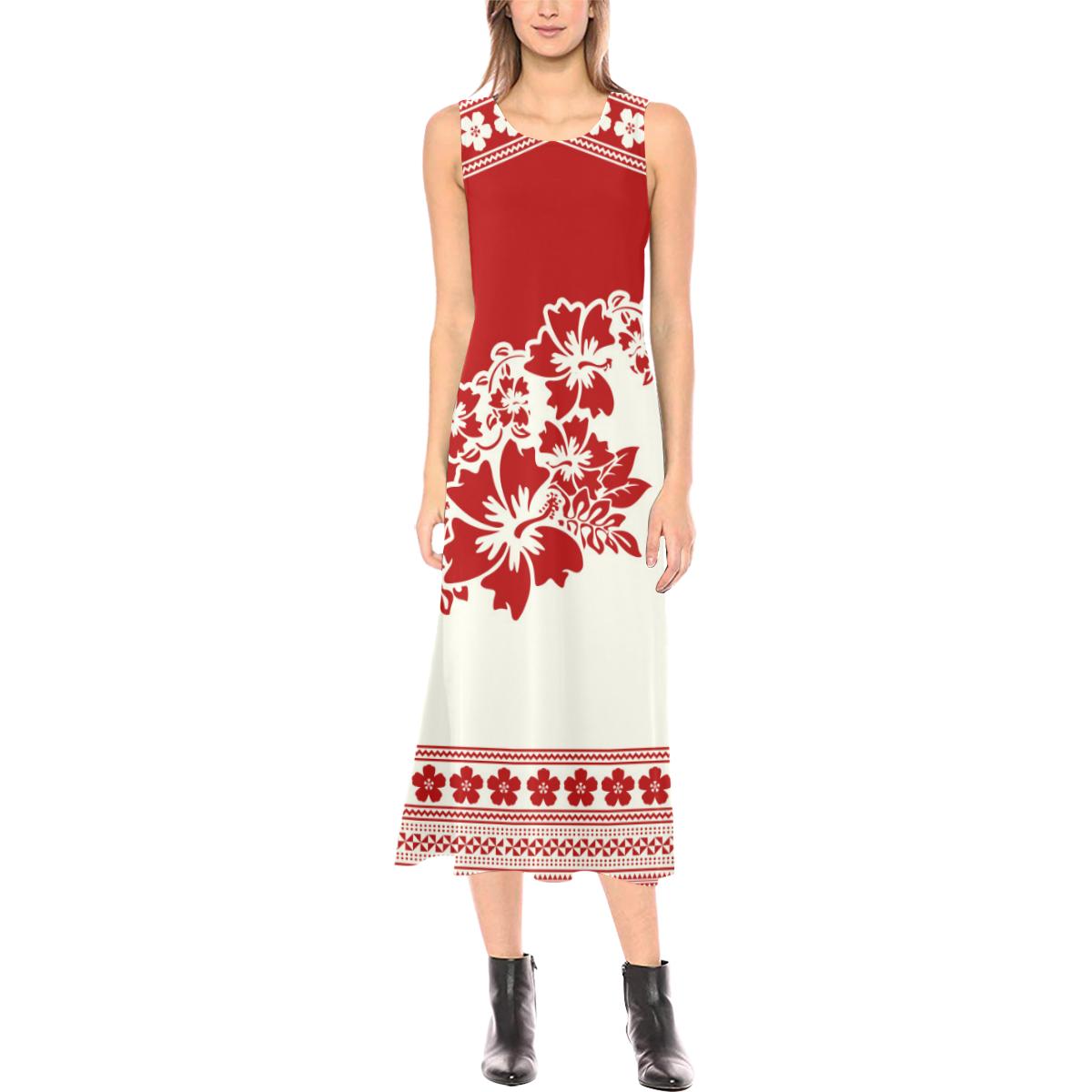 Polynesian Phaedra Sleeveless Open Fork Long Dress - Red Hibiscus Women Red - Polynesian Pride