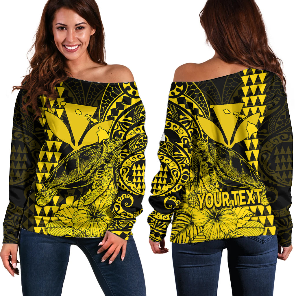 (Custom Personalised) Kakau Polynesian Tribal Hawaiian Turtle with Kanaka Maoli Yellow Off Shoulder Sweater LT9 Women Yellow - Polynesian Pride