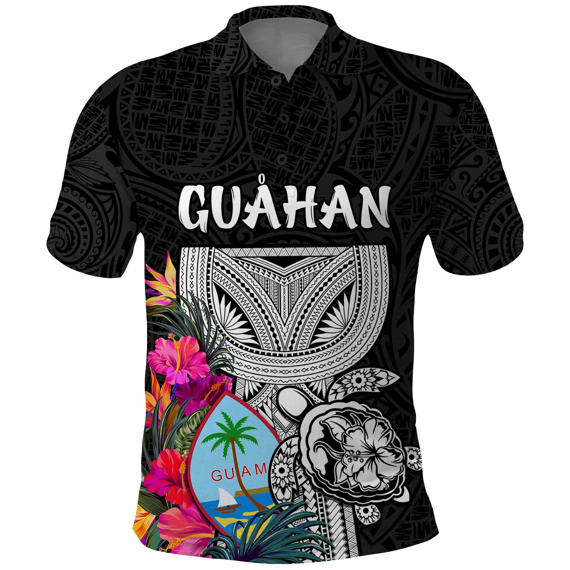 Custom Guam Tribal Latte Stone Tropical Polo Shirt LT9 Black - Polynesian Pride