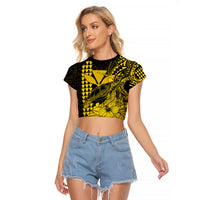 Kakau Polynesian Tribal Hawaiian Turtle with Kanaka Maoli Yellow Raglan Cropped T Shirt LT9 Female Yellow - Polynesian Pride