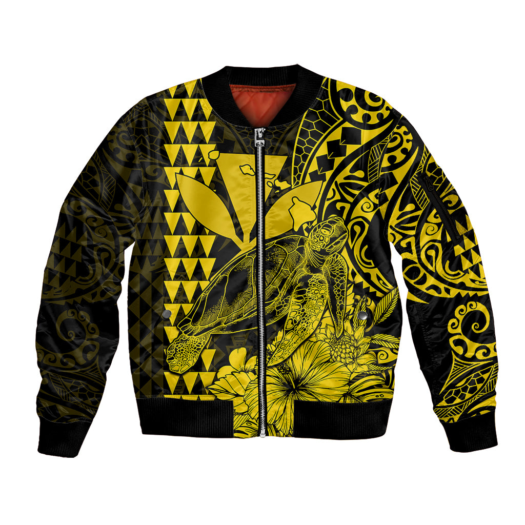 Kakau Polynesian Tribal Hawaiian Turtle with Kanaka Maoli Yellow Sleeve Zip Bomber Jacket LT9 Unisex Yellow - Polynesian Pride